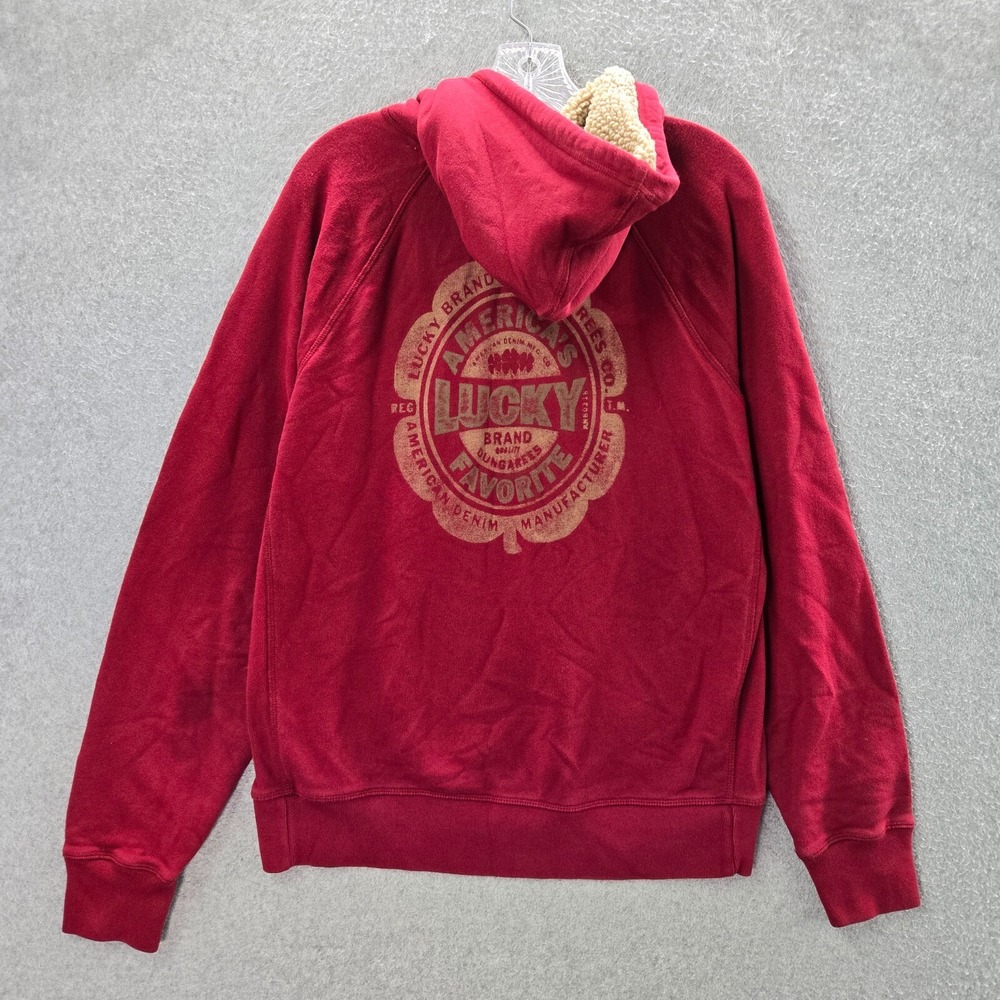 Lucky Brand Men Sweatshirt Red Medium Hoodie Sherpa Pocket Drawstring Pullover